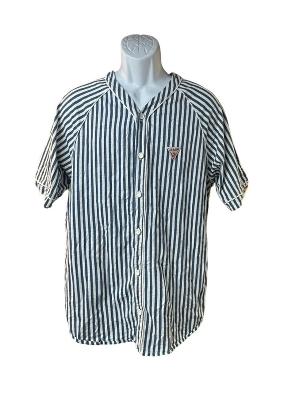 GUESS Jeans Baseball Jersey Shirt Mens M Blue White Striped Button Up Logo Back